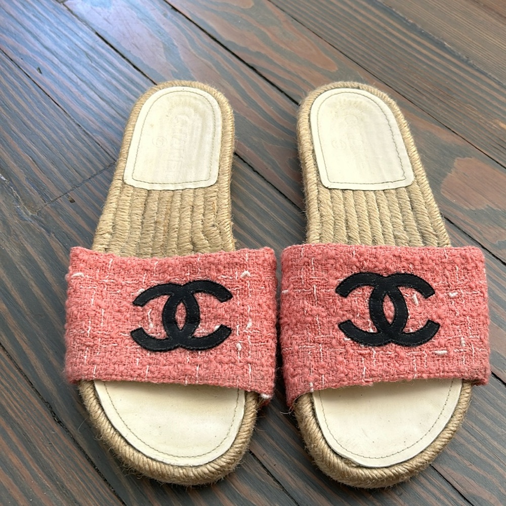 CHANEL Sandal Tweed fabric sandal mule CC logo